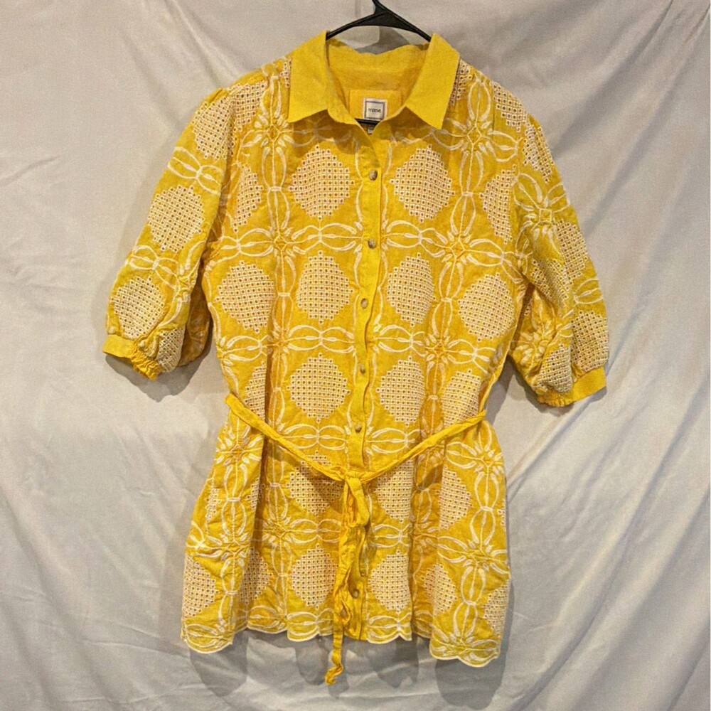 Maeve Women’s XL Yellow White Geometric Embroidered Tie Waist Button Dress